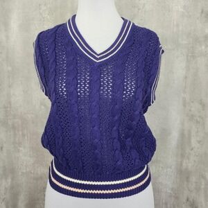 Vintage 80s Marcia Cable Knit Sweater Vest Purple Cotton USA Preppy Tenniscore M